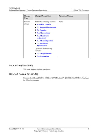 Change
Type
Change Description Parameter Change
Editorial
change
Added the following sections:
l 5 Related Features
l 7.2 Required Information
l 7.3 Planning
l 7.4.3 Precautions
l 7.4.4 Hardware
Adjustment
l 7.4.8 Reconfiguration
l 7.6 Parameter
Optimization
Optimized the following
sections:
l 7.4.1 Requirements
l 7.4.5 Activation
None
RAN16.0 01 (2014-04-30)
This issue does not include any change.
RAN16.0 Draft A (2014-01-20)
Compared with Issue 04 (2013-12-30) of RAN15.0, Draft A (2014-01-20) of RAN16.0 includes
the following changes.
WCDMA RAN
Enhanced Fast Dormancy Feature Parameter Description 1 About This Document
Issue 02 (2014-06-30) Huawei Proprietary and Confidential
Copyright © Huawei Technologies Co., Ltd.
2
 