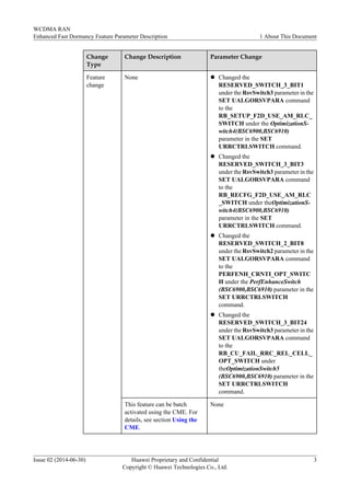 Change
Type
Change Description Parameter Change
Feature
change
None l Changed the
RESERVED_SWITCH_3_BIT1
under the RsvSwitch3 parameter in the
SET UALGORSVPARA command
to the
RB_SETUP_F2D_USE_AM_RLC_
SWITCH under the OptimizationS-
witch4(BSC6900,BSC6910)
parameter in the SET
URRCTRLSWITCH command.
l Changed the
RESERVED_SWITCH_3_BIT3
under the RsvSwitch3 parameter in the
SET UALGORSVPARA command
to the
RB_RECFG_F2D_USE_AM_RLC
_SWITCH under theOptimizationS-
witch4(BSC6900,BSC6910)
parameter in the SET
URRCTRLSWITCH command.
l Changed the
RESERVED_SWITCH_2_BIT8
under the RsvSwitch2 parameter in the
SET UALGORSVPARA command
to the
PERFENH_CRNTI_OPT_SWITC
H under the PerfEnhanceSwitch
(BSC6900,BSC6910) parameter in the
SET URRCTRLSWITCH
command.
l Changed the
RESERVED_SWITCH_3_BIT24
under the RsvSwitch3 parameter in the
SET UALGORSVPARA command
to the
RB_CU_FAIL_RRC_REL_CELL_
OPT_SWITCH under
theOptimizationSwitch5
(BSC6900,BSC6910) parameter in the
SET URRCTRLSWITCH
command.
This feature can be batch
activated using the CME. For
details, see section Using the
CME.
None
WCDMA RAN
Enhanced Fast Dormancy Feature Parameter Description 1 About This Document
Issue 02 (2014-06-30) Huawei Proprietary and Confidential
Copyright © Huawei Technologies Co., Ltd.
3
 