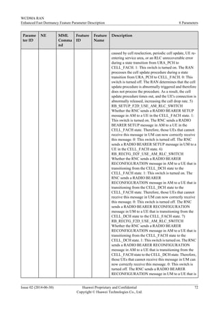 Parame
ter ID
NE MML
Comma
nd
Feature
ID
Feature
Name
Description
caused by cell reselection, periodic cell update, UE re-
entering service area, or an RLC unrecoverable error
during a state transition from URA_PCH to
CELL_FACH. 1: This switch is turned on. The RAN
processes the cell update procedure during a state
transition from URA_PCH to CELL_FACH. 0: This
switch is turned off. The RAN determines that the cell
update procedure is abnormally triggered and therefore
does not process the procedure. As a result, the cell
update procedure times out, and the UE's connection is
abnormally released, increasing the call drop rate. 5)
RB_SETUP_F2D_USE_AM_RLC_SWITCH
Whether the RNC sends a RADIO BEARER SETUP
message in AM to a UE in the CELL_FACH state. 1:
This switch is turned on. The RNC sends a RADIO
BEARER SETUP message in AM to a UE in the
CELL_FACH state. Therefore, those UEs that cannot
receive this message in UM can now correctly receive
this message. 0: This switch is turned off. The RNC
sends a RADIO BEARER SETUP message in UM to a
UE in the CELL_FACH state. 6)
RB_RECFG_D2F_USE_AM_RLC_SWITCH
Whether the RNC sends a RADIO BEARER
RECONFIGURATION message in AM to a UE that is
transitioning from the CELL_DCH state to the
CELL_FACH state. 1: This switch is turned on. The
RNC sends a RADIO BEARER
RECONFIGURATION message in AM to a UE that is
transitioning from the CELL_DCH state to the
CELL_FACH state. Therefore, those UEs that cannot
receive this message in UM can now correctly receive
this message. 0: This switch is turned off. The RNC
sends a RADIO BEARER RECONFIGURATION
message in UM to a UE that is transitioning from the
CELL_DCH state to the CELL_FACH state. 7)
RB_RECFG_F2D_USE_AM_RLC_SWITCH
Whether the RNC sends a RADIO BEARER
RECONFIGURATION message in AM to a UE that is
transitioning from the CELL_FACH state to the
CELL_DCH state. 1: This switch is turned on. The RNC
sends a RADIO BEARER RECONFIGURATION
message in AM to a UE that is transitioning from the
CELL_FACH state to the CELL_DCH state. Therefore,
those UEs that cannot receive this message in UM can
now correctly receive this message. 0: This switch is
turned off. The RNC sends a RADIO BEARER
RECONFIGURATION message in UM to a UE that is
WCDMA RAN
Enhanced Fast Dormancy Feature Parameter Description 8 Parameters
Issue 02 (2014-06-30) Huawei Proprietary and Confidential
Copyright © Huawei Technologies Co., Ltd.
72
 