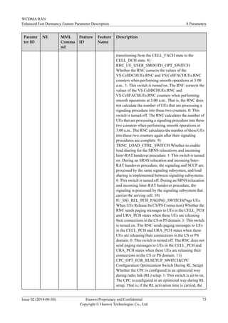 Parame
ter ID
NE MML
Comma
nd
Feature
ID
Feature
Name
Description
transitioning from the CELL_FACH state to the
CELL_DCH state. 8)
RRC_UE_USER_SMOOTH_OPT_SWITCH
Whether the RNC corrects the values of the
VS.CellDCHUEs.RNC and VS.CellFACHUEs.RNC
counters when performing smooth operations at 3:00
a.m.. 1: This switch is turned on. The RNC corrects the
values of the VS.CellDCHUEs.RNC and
VS.CellFACHUEs.RNC counters when performing
smooth operations at 3:00 a.m.. That is, the RNC does
not calculate the number of UEs that are processing a
signaling procedure into these two counters. 0: This
switch is turned off. The RNC calculates the number of
UEs that are processing a signaling procedure into these
two counters when performing smooth operations at
3:00 a.m.. The RNC calculates the number of these UEs
into these two counters again after their signaling
procedures are complete. 9)
TRNC_LOAD_CTRL_SWITCH Whether to enable
load sharing for the SRNS relocations and incoming
Inter-RAT handover procedure. 1: This switch is turned
on. During an SRNS relocation and incoming Inter-
RAT handover procedure, the signaling and SCCP are
processed by the same signaling subsystem, and load
sharing is implemented between signaling subsystems.
0: This switch is turned off. During an SRNS relocation
and incoming Inter-RAT handover procedure, the
signaling is processed by the signaling subsystem that
carries the serving cell. 10)
IU_SIG_REL_PCH_PAGING_SWITCH(Page UEs
When UEs Release Its CS/PS Connection) Whether the
RNC sends paging messages to UEs in the CELL_PCH
and URA_PCH states when these UEs are releasing
their connections in the CS or PS domain. 1: This switch
is turned on. The RNC sends paging messages to UEs
in the CELL_PCH and URA_PCH states when these
UEs are releasing their connections in the CS or PS
domain. 0: This switch is turned off. The RNC does not
send paging messages to UEs in the CELL_PCH and
URA_PCH states when these UEs are releasing their
connections in the CS or PS domain. 11)
CPC_OPT_FOR_RLSETUP_SWITCH(CPC
Configuration Optimization Switch During RL Setup)
Whether the CPC is configured in an optimized way
during radio link (RL) setup. 1: This switch is set to on.
The CPC is configured in an optimized way during RL
setup. That is, if the RL activation time is carried, the
WCDMA RAN
Enhanced Fast Dormancy Feature Parameter Description 8 Parameters
Issue 02 (2014-06-30) Huawei Proprietary and Confidential
Copyright © Huawei Technologies Co., Ltd.
73
 