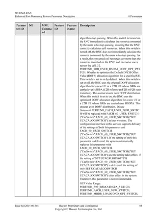 Parame
ter ID
NE MML
Comma
nd
Feature
ID
Feature
Name
Description
algorithm stop queuing. When this switch is turned on,
the RNC immediately calculates the resource consumed
by the users who stop queuing, ensuring that the RNC
correctly calculates cell resources. When this switch is
turned off, the RNC does not immediately calculate the
resource consumed by the users who stop queuing. As
a result, the consumed cell resources are more than the
resources recorded on the RNC, and excessive users
access the cell. 32.
PERFENH_SRB_OVER_HSDPA_DOFF_OPT_SWI
TCH: Whether to optimize the Default DPCH Offset
Value (DOFF) allocation algorithm for a specified UE.
This switch is set to on by default. When this switch is
set to off, the RNC uses the original DOFF allocation
algorithm for a new UE or a C2D UE whose SRBs are
carried over HSDPA (C2D refers to an F2D or P2D state
transition). This cannot ensure even DOFF distribution.
When this switch is set to on, the RNC uses the
optimized DOFF allocation algorithm for a new UE or
a C2D UE whose SRBs are carried over HSDPA. This
ensures even DOFF distribution. Disuse
Statement:PERFENH_FACH_USER_NUM_SWITC
H will be replaced with FACH_60_USER_SWITCH
("CacSwitch":FACH_60_USER_SWITCH)("SET
UCACALGOSWITCH") in later versions. The
configuration interface in this version supports delivery
of the settings of both this parameter and
FACH_60_USER_SWITCH
("CacSwitch":FACH_60_USER_SWITCH)("SET
UCACALGOSWITCH"). If the setting of only this
parameter is delivered, the system automatically
replaces this parameter with
FACH_60_USER_SWITCH
("CacSwitch":FACH_60_USER_SWITCH)("SET
UCACALGOSWITCH") and the setting takes effect. If
the setting of SET UCACALGOSWITCH
("CacSwitch":FACH_60_USER_SWITCH)("SET
UCACALGOSWITCH") is delivered, the setting of
only SET UCACALGOSWITCH
("CacSwitch":FACH_60_USER_SWITCH)("SET
UCACALGOSWITCH") takes effect in the system.
Therefore, this parameter is not recommended.
GUI Value Range:
PERFENH_R99_BRDCSTHSPA_SWITCH,
PERFENH_FACH_USER_NUM_SWITCH,
PERFENH_MBDR_LOADCOND_OPT_SWITCH,
WCDMA RAN
Enhanced Fast Dormancy Feature Parameter Description 8 Parameters
Issue 02 (2014-06-30) Huawei Proprietary and Confidential
Copyright © Huawei Technologies Co., Ltd.
88
 