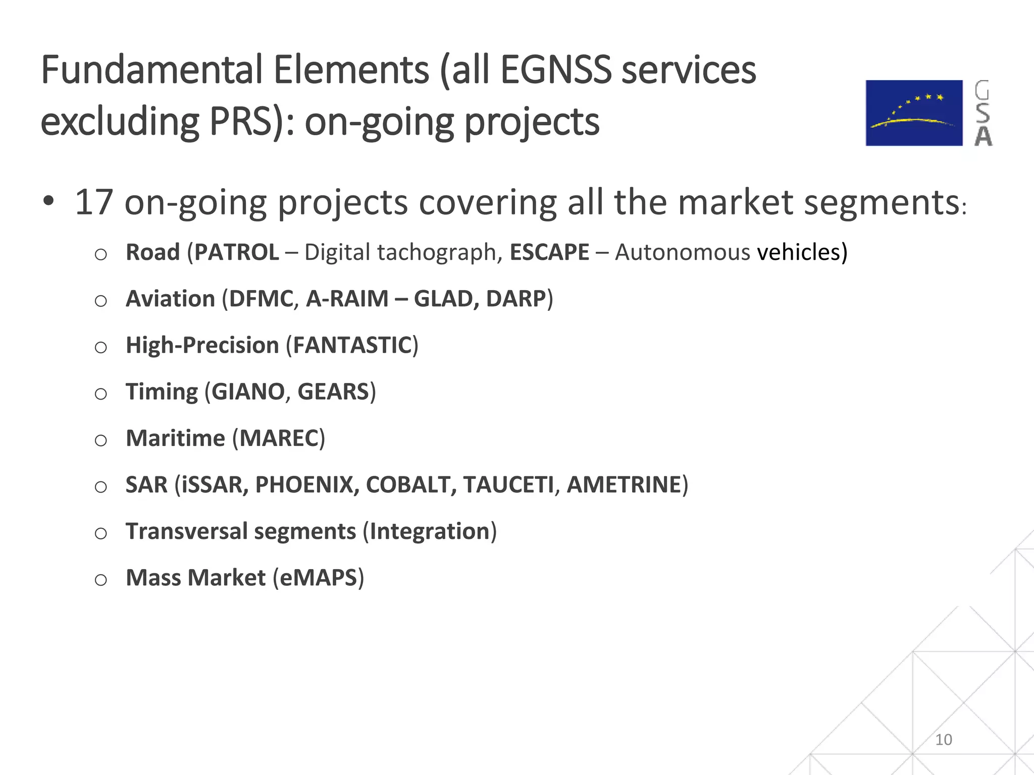 Fundamental Elements (all EGNSS services
excluding PRS): on-going projects
10
• 17 on-going projects covering all the market segments:
o Road (PATROL – Digital tachograph, ESCAPE – Autonomous vehicles)
o Aviation (DFMC, A-RAIM – GLAD, DARP)
o High-Precision (FANTASTIC)
o Timing (GIANO, GEARS)
o Maritime (MAREC)
o SAR (iSSAR, PHOENIX, COBALT, TAUCETI, AMETRINE)
o Transversal segments (Integration)
o Mass Market (eMAPS)
 