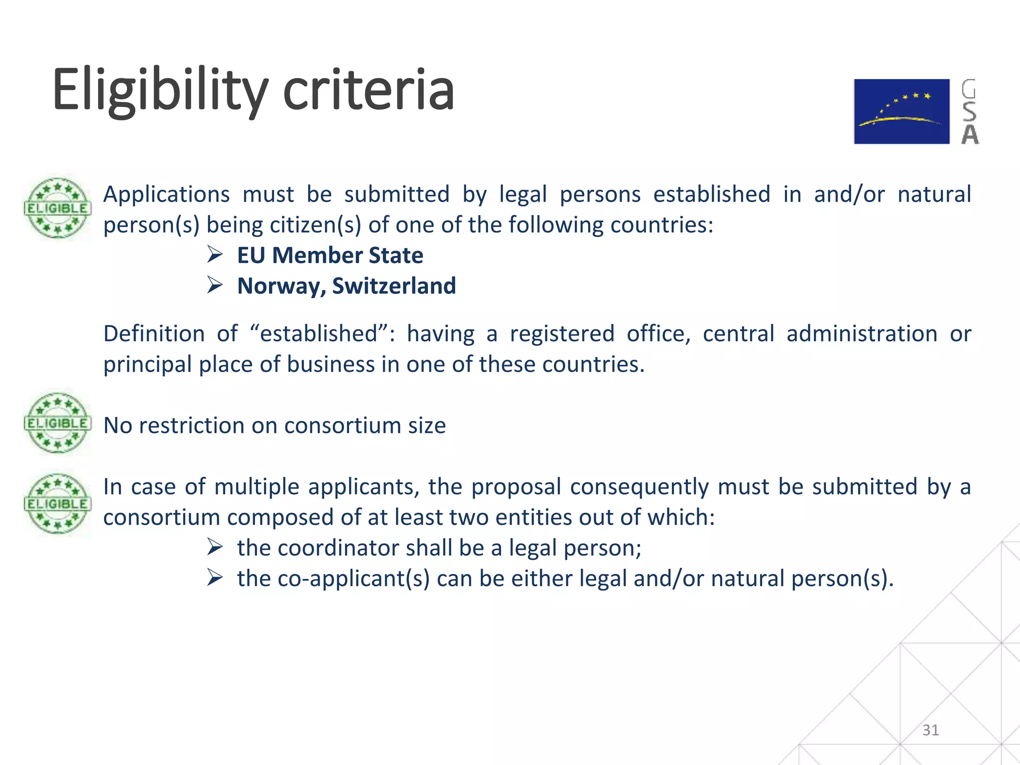 31
Eligibility criteria
Applications must be submitted by legal persons established in and/or natural
person(s) being citizen(s) of one of the following countries:
 EU Member State
 Norway, Switzerland
Definition of “established”: having a registered office, central administration or
principal place of business in one of these countries.
No restriction on consortium size
In case of multiple applicants, the proposal consequently must be submitted by a
consortium composed of at least two entities out of which:
 the coordinator shall be a legal person;
 the co-applicant(s) can be either legal and/or natural person(s).
 