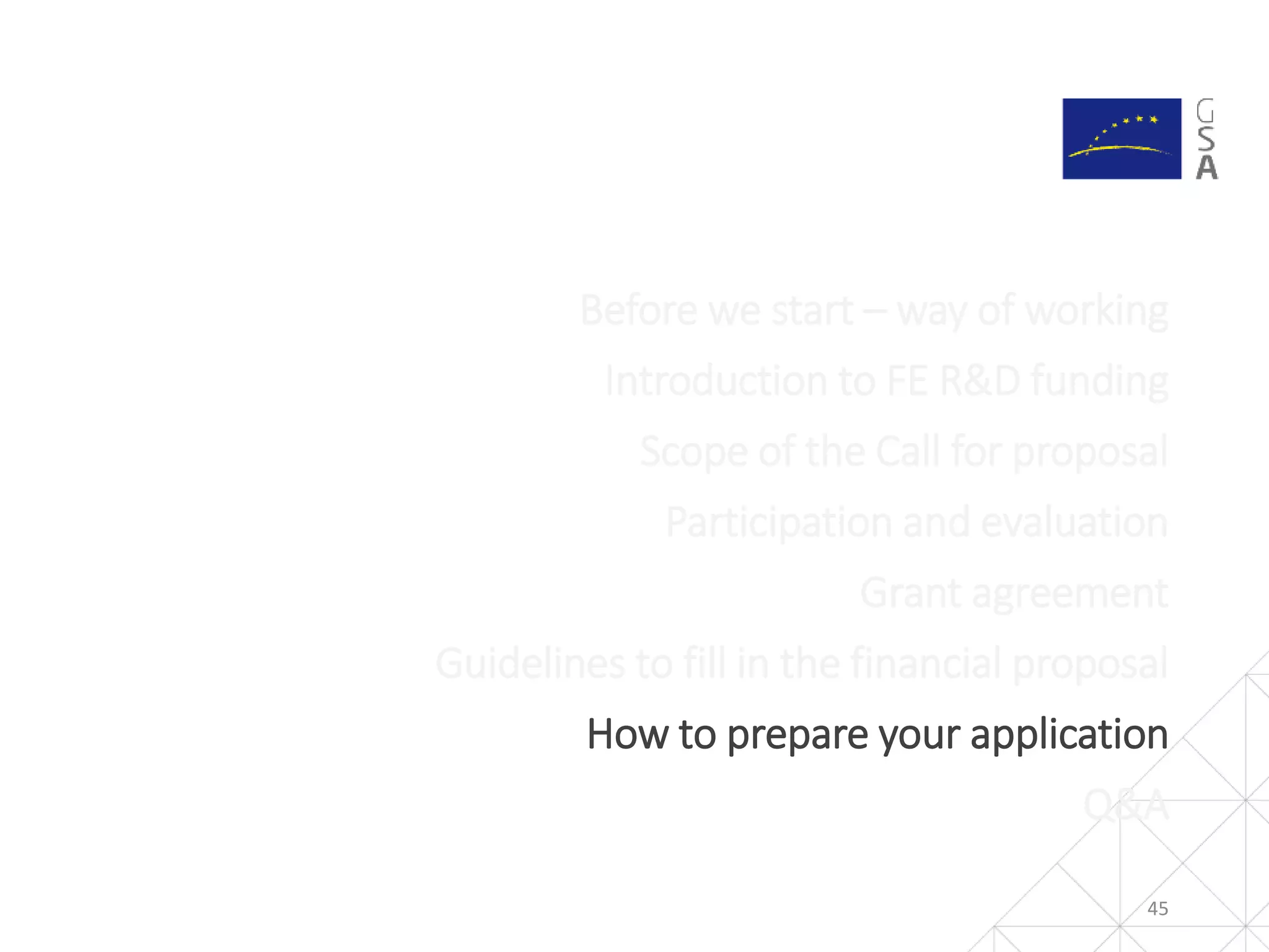 45
Before we start – way of working
Introduction to FE R&D funding
Scope of the Call for proposal
Participation and evaluation
Grant agreement
Guidelines to fill in the financial proposal
How to prepare your application
Q&A
 