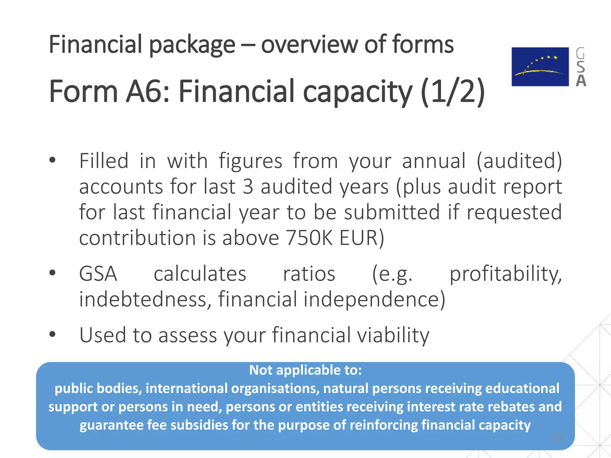 Not applicable to:
public bodies, international organisations, natural persons receiving educational
support or persons in need, persons or entities receiving interest rate rebates and
guarantee fee subsidies for the purpose of reinforcing financial capacity
• Filled in with figures from your annual (audited)
accounts for last 3 audited years (plus audit report
for last financial year to be submitted if requested
contribution is above 750K EUR)
• GSA calculates ratios (e.g. profitability,
indebtedness, financial independence)
• Used to assess your financial viability
Financial package – overview of forms
Form A6: Financial capacity (1/2)
52
 