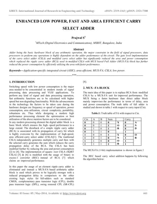 IJRET: International Journal of Research in Engineering and Technology eISSN: 2319-1163 | pISSN: 2321-7308
__________________________________________________________________________________________________
Volume: 03 Issue: 05 | May-2014, Available @ http://www.ijret.org 441
ENHANCED LOW POWER, FAST AND AREA EFFICIENT CARRY
SELECT ADDER
Prajwal S1
1
MTech (Digital Electronics and Communication), MSRIT, Bangalore, India
Abstract
Adder being the basic hardware block of any arithmetic operation, the major constraint in the field of signal processors, data
processors to perform any operations is highly dependent on the adder performance of the circuit. The gate level implementation
of the carry select adder (CSLA) and modified carry select adder has significantly reduced the area and power consumption
which replaced the ripple carry adder (RCA) used in modified CSLA with MUX based Full Adder (MUX-FA) block has further
reduced the power consumption by efficiently utilizing the area with faster performance.
Keywords—Application-specific integrated circuit (ASIC), area efficient, MUX-FA, CSLA, low power.
-------------------------------------------------------------------***-----------------------------------------------------------------------
1. INTRODUCTION
Switching speed with low power consumption is the major
area needed to be concentrated in modern trends of signal
processing, data processing and VLSI applications. To
perform any kind of signal and data processing operation,
fast arithmetic functions are to be calculated with higher
speed but non-degrading functionality. With the advancements
in the technology the factors to be taken care during the
hardware designs are frequency or speed of operation, power
consumption, area utilization, circuit complexity, portability,
robustness etc. Thus while designing a modern high
performance processing element the optimization or best
utilization of the above mention factors are to be considered.
In any modern processing element the digital adder block is a
basic block which ensures the high- speed performance to a
large extend. The drawback of a simple ripple carry adder
(RCA) is associated with its propagation of carry bit which
is highly overcome by the implementation of high-speed,
area efficient carry select adder (CSLA)[1]. The traditional
CSLA independently generates multiple carry and then with
the selected carry generates the sum which reduces the carry
propagation delay of the RCA. The CSLA has been
modified further by reducing the area and power consumption
[2] to [4]. The implementation of square- root CSLA (SQRT
CSLA) [5] & [6] is modified with the usage of binary to
excess-1 converter (BEC) instead of RCA [7] which
claims an improved performance.
In this paper the usage of an element ripple carry adder is
eliminated and instead a MUX-FA based arithmetic adder
block is used which proves to be logically stronger with a
reduced propagation delay in comparison to the other
existing logic styles for full-adders such as standard
CMOS, complementary pass transistor logic (CPL), double
pass transistor logic (DPL), swing restored CPL (SR-CPL)
[8].
2. MUX –FA BLOCK
The main idea of this paper is to replace RCA from modified
CSLA by a MUX-FA unit for improved performance. The
MUX being a faster hardware than direct adder block
mainly improvises the performance in terms of delay, area
and power consumption. The truth table of full adder is
studied and shown in table.1 with respect to carry input (Cin).
Table.1: Truth table of FA with respect to Cin.
The MUX-FA (1-bit) implementation is shown in figure.1
The BEC based carry select addition happens by following
the algorithm below:
Cin A B Sum Carry
0 0 0 0 X
O
R
0 A
N
D
0 0 1 1 0
0 1 0 1 0
0 1 1 0 1
1 0 0 1 X
N
O
R
0 O
R1 0 1 0 1
1 1 0 0 1
1 1 1 1 1
 