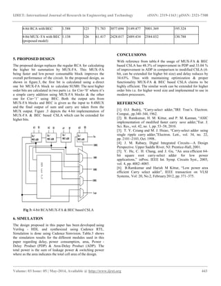 IJRET: International Journal of Research in Engineering and Technology eISSN: 2319-1163 | pISSN: 2321-7308
__________________________________________________________________________________________________
Volume: 03 Issue: 05 | May-2014, Available @ http://www.ijret.org 443
5. PROPOSED DESIGN
The proposed design replaces the regular RCA for calculating
the higher bit summation by MUX-FA. This MUX–FA
being faster and low power consumable block improves the
overall performance of the circuit. In the proposed design, as
shown in figure.3, the first bit is calculated using a direct
one bit MUX-FA block to calculate SUM0. The next higher
order bits are calculated in two parts i.e. for Cin=‘0‘ where it‘s
a simple carry addition using MUX-FA blocks & the other
one for Cin=‘1‘ using BEC. Both the output sets from
MUX-FA blocks and BEC is given as the input to 8:4MUX
and the final output of sum and carry are taken from the
MUX output. Figure .3 depicts the 4-bit implementation of
MUX-FA & BEC based CSLA which can be extended for
higher bits.
Fig 3: 4-bit RCA/MUX-FA & BEC based CSLA
6. SIMULATION
The design proposed in this paper has been developed using
Verilog - HDL and synthesized using Cadence RTL.
Simulation is done using Cadence Simvision. Table.3 shows
the simulation results for the different modules used in this
paper regarding delay, power consumption, area, Power -
Delay Product (PDP) & Area-Delay Product (ADP). The
total power is the sum of leakage power & switching power
where as the area indicates the total cell area of the design.
CONCLUSIONS
With reference from table.4 the usage of MUX-FA & BEC
based CSLA has 48.3% of improvement in PDP and 33.04 %
of improvement in ADP in comparison to modified CSLA (4-
bit, can be extended for higher bit size) and delay reduces by
34.63%. Thus with maintaining optimization & proper
functionality MUX-FA & BEC based CSLA claims to be
highly efficient. The similar work can be extended for higher
order bits i.e. for higher word size and implemented to use in
modern processors.
REFERENCES
[1]. O.J. Bedrij, ―Carry-select adder,‖IRE Tran‘s. Electron.
Comput., pp.340–344, 1962.
[2]. B. Ramkumar, H. M. Kittur, and P. M. Kannan, ―ASIC
implementation of modiﬁed faster carry save adder,‖Eur. J.
Sci. Res., vol. 42, no. 1, pp. 53–58, 2010.
[3]. T. Y. Ceiang and M. J. Hsiao, ―Carry-select adder using
single ripple carry adder,‖Electron. Lett., vol. 34, no. 22,
pp. 2101–2103, Oct. 1998..
[4]. J. M. Rabaey, Digtal Integrated Circuits—A Design
Perspective. Upper Saddle River, NJ: Prentice-Hall, 2001.
[5]. Y. He, C. H. Chang, and J. Gu, ―An area efﬁcient 64-
bit square root carry-select adder for low power
applications,‖ inProc. IEEE Int. Symp. Circuits Syst., 2005,
vol. 4, pp. 4082–4085.
[6]. B.Ramkumar and Harish M Kittur, ―Low power area
efficient Carry select adder‖, IEEE transaction on VLSI
Systems, Vol: 20, No.2, February 2012, pp. 371–375.
4-bit RCA with BEC 1.588 123 71.783 3077.694 3149.477 5001.369 195.324
4-bit MUX- FA with BEC
(proposed model)
1.138 126 61.417 2428.017 2489.434 2584.032 130.788
 