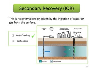 This is recovery aided or driven by the injection of water or
gas from the surface.
Secondary Recovery (IOR)
(i) Waterflooding
(ii) Gasflooding
104
 