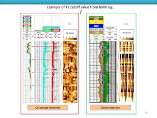 Carbonate reservoir Clastic reservoir
Example of T2 cutoff value from NMR log
ƒ
39
 
