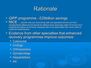 Rationale



QIPP programme - £20billion savings
NICE “…women who are recovering well, are apyrexial and do not have

complications following CS should be offered early discharge (after 24 hours) from
hospital and follow-up at home, because this is not associated with more infant or
maternal readmissions.”



Evidence from other specialties that enhanced
recovery programmes improve outcomes:







Colorectal
Urology
Orthopaedics
Gynaecology
Hepatobiliary
etc

 