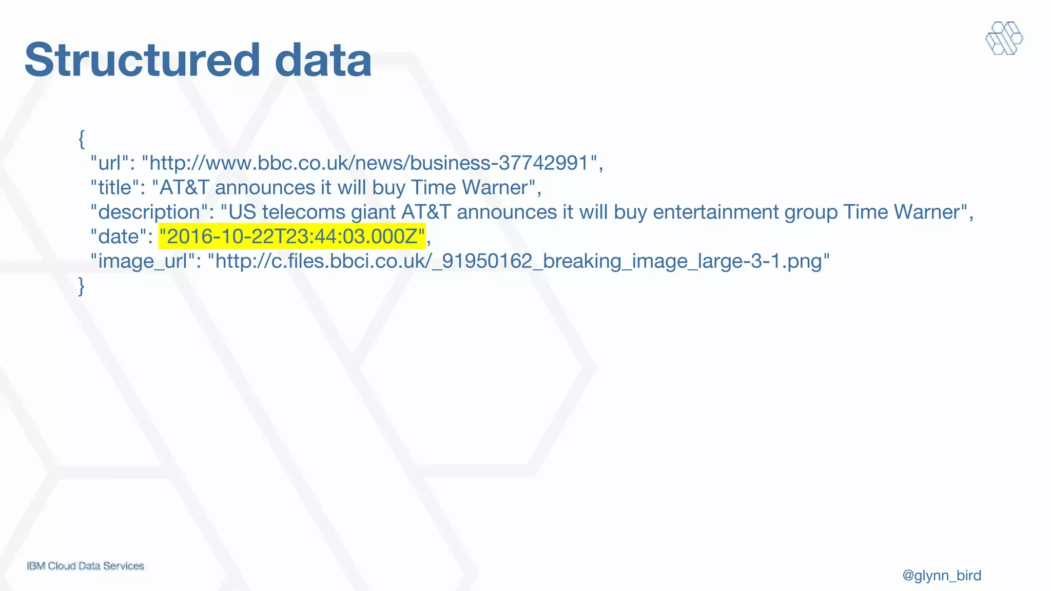 @glynn_bird
Structured data
{
"url": "http://www.bbc.co.uk/news/business-37742991",
"title": "AT&T announces it will buy Time Warner",
"description": "US telecoms giant AT&T announces it will buy entertainment group Time Warner",
"date": "2016-10-22T23:44:03.000Z",
"image_url": "http://c.files.bbci.co.uk/_91950162_breaking_image_large-3-1.png"
}
 