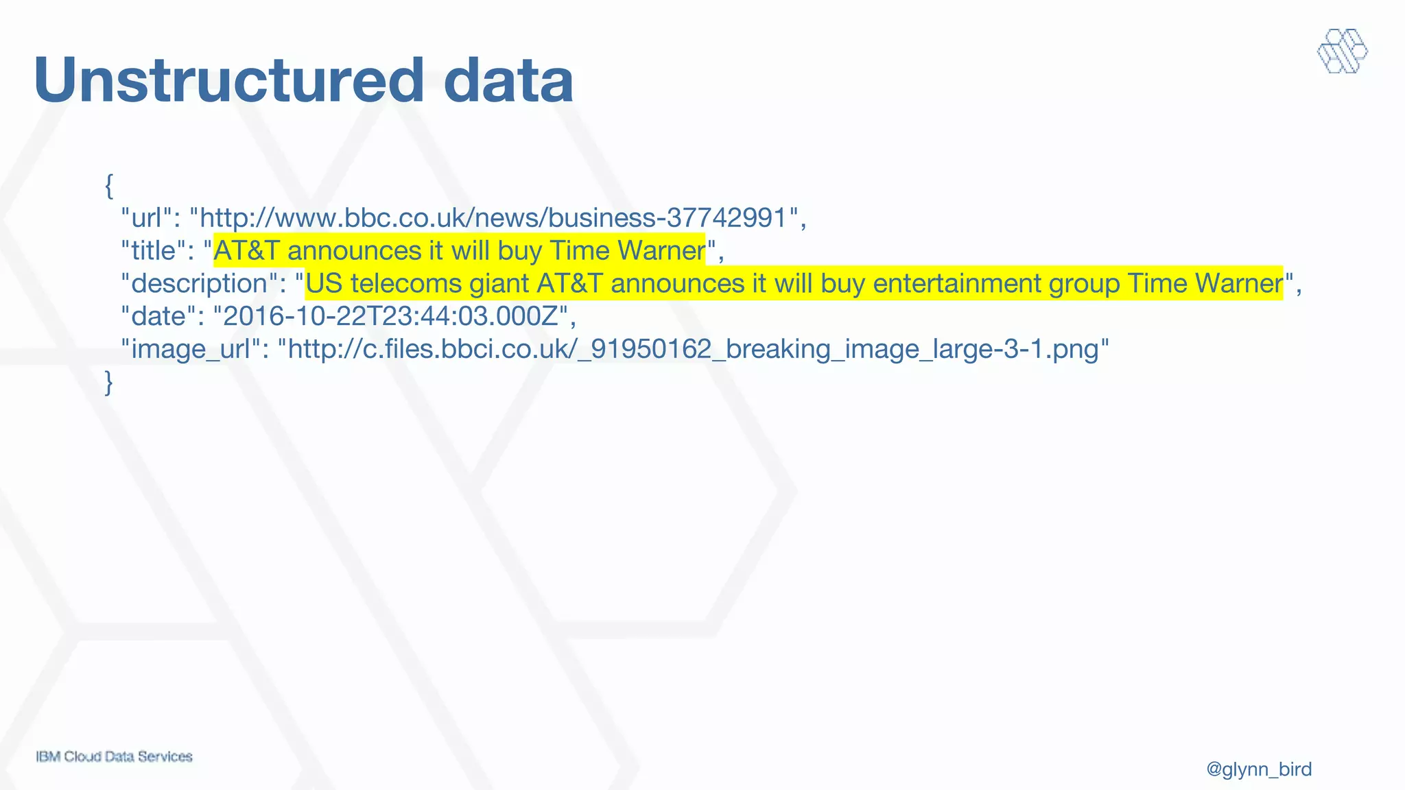 @glynn_bird
Unstructured data
{
"url": "http://www.bbc.co.uk/news/business-37742991",
"title": "AT&T announces it will buy Time Warner",
"description": "US telecoms giant AT&T announces it will buy entertainment group Time Warner",
"date": "2016-10-22T23:44:03.000Z",
"image_url": "http://c.files.bbci.co.uk/_91950162_breaking_image_large-3-1.png"
}
 