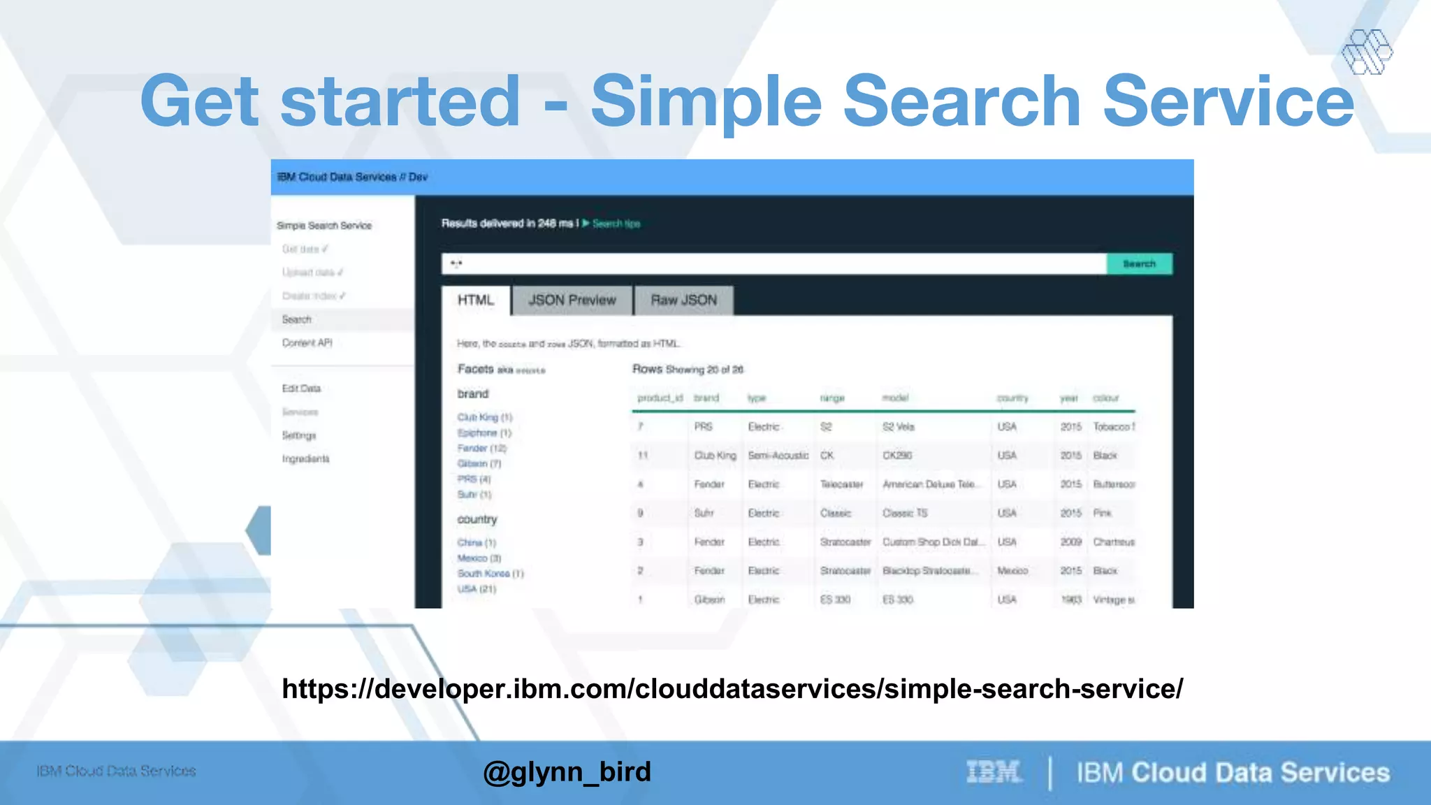 @glynn_bird
Get started - Simple Search Service
https://developer.ibm.com/clouddataservices/simple-search-service/
 