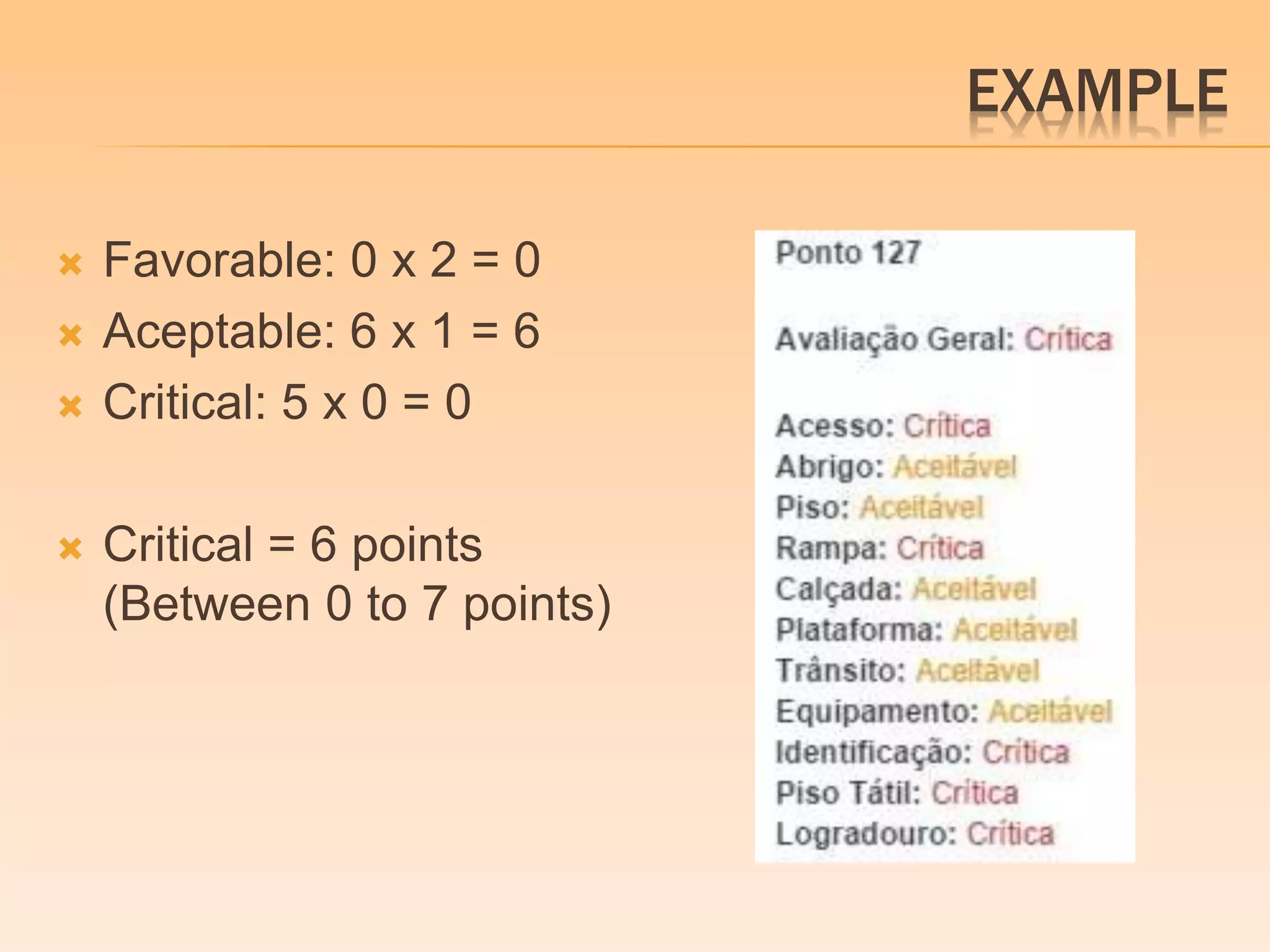 EXAMPLE 
 Favorable: 0 x 2 = 0 
 Aceptable: 6 x 1 = 6 
 Critical: 5 x 0 = 0 
 Critical = 6 points 
(Between 0 to 7 points) 
 