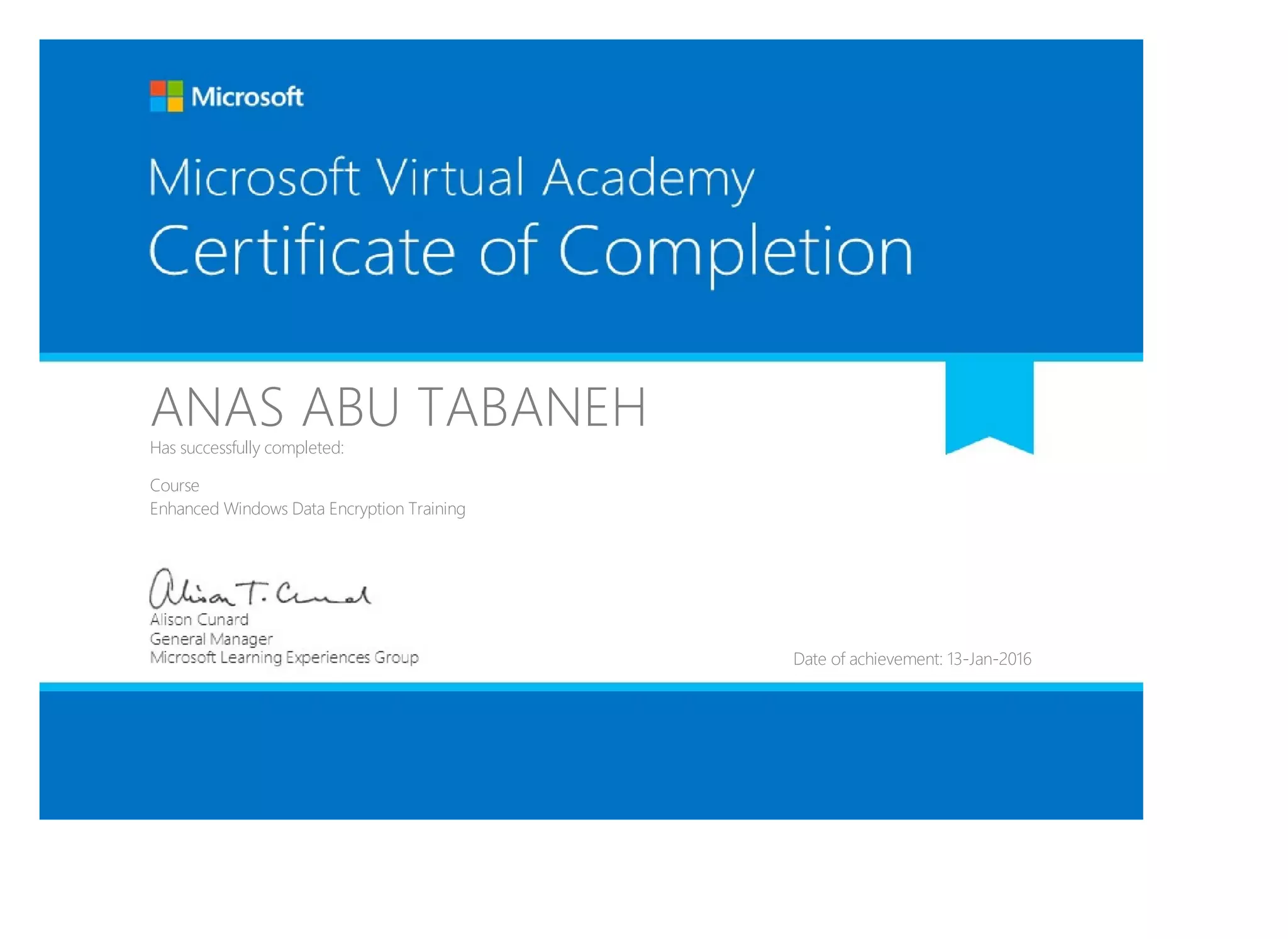 ANAS ABU TABANEHHas successfully completed:
Course
Enhanced Windows Data Encryption Training
Date of achievement: 13-Jan-2016