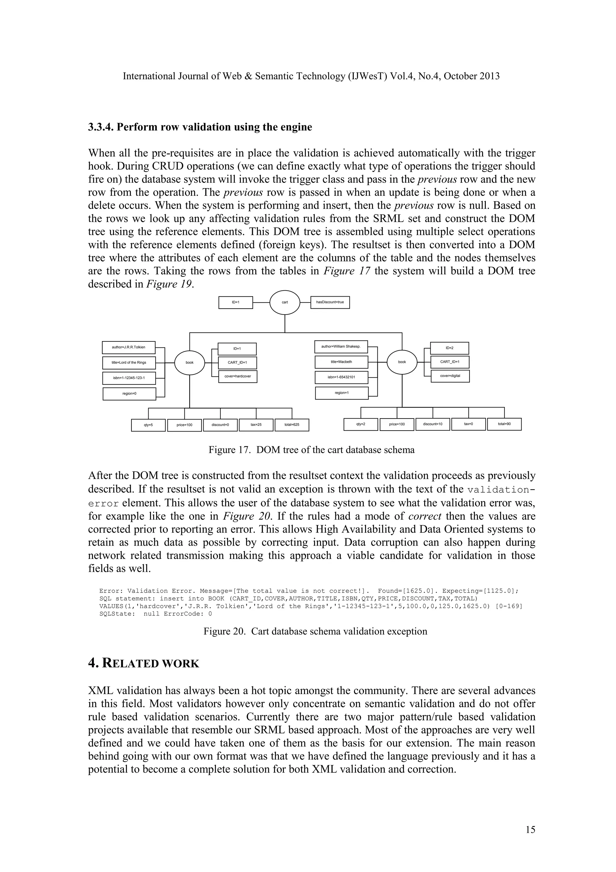 International Journal of Web & Semantic Technology (IJWesT) Vol.4, No.4, October 2013 3.3.4. Perform row validation using the engine When all the pre-requisites are in place the validation is achieved automatically with the trigger hook. During CRUD operations (we can define exactly what type of operations the trigger should fire on) the database system will invoke the trigger class and pass in the previous row and the new row from the operation. The previous row is passed in when an update is being done or when a delete occurs. When the system is performing and insert, then the previous row is null. Based on the rows we look up any affecting validation rules from the SRML set and construct the DOM tree using the reference elements. This DOM tree is assembled using multiple select operations with the reference elements defined (foreign keys). The resultset is then converted into a DOM tree where the attributes of each element are the columns of the table and the nodes themselves are the rows. Taking the rows from the tables in Figure 17 the system will build a DOM tree described in Figure 19. cart ID=1 author=J.R.R.Tolkien title=Lord of the Rings hasDiscount=true author=William Shakesp. ID=1 isbn=1-12345-123-1 CART_ID=1 title=Macbeth cover=hardcover book ID=2 CART_ID=1 isbn=1-65432101 book cover=digital region=1 region=0 qty=5 price=100 discount=0 tax=25 total=625 qty=2 price=100 discount=10 tax=0 total=90 Figure 17. DOM tree of the cart database schema After the DOM tree is constructed from the resultset context the validation proceeds as previously described. If the resultset is not valid an exception is thrown with the text of the validationerror element. This allows the user of the database system to see what the validation error was, for example like the one in Figure 20. If the rules had a mode of correct then the values are corrected prior to reporting an error. This allows High Availability and Data Oriented systems to retain as much data as possible by correcting input. Data corruption can also happen during network related transmission making this approach a viable candidate for validation in those fields as well. Error: Validation Error. Message=[The total value is not correct!]. Found=[1625.0]. Expecting=[1125.0]; SQL statement: insert into BOOK (CART_ID,COVER,AUTHOR,TITLE,ISBN,QTY,PRICE,DISCOUNT,TAX,TOTAL) VALUES(1,'hardcover','J.R.R. Tolkien','Lord of the Rings','1-12345-123-1',5,100.0,0,125.0,1625.0) [0-169] SQLState: null ErrorCode: 0 Figure 20. Cart database schema validation exception 4. RELATED WORK XML validation has always been a hot topic amongst the community. There are several advances in this field. Most validators however only concentrate on semantic validation and do not offer rule based validation scenarios. Currently there are two major pattern/rule based validation projects available that resemble our SRML based approach. Most of the approaches are very well defined and we could have taken one of them as the basis for our extension. The main reason behind going with our own format was that we have defined the language previously and it has a potential to become a complete solution for both XML validation and correction. 15 