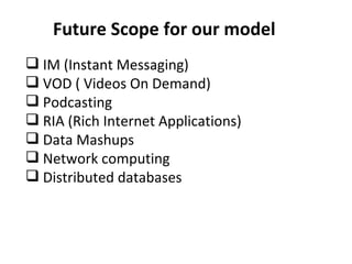Future Scope for our model IM (Instant Messaging) VOD ( Videos On Demand) Podcasting RIA (Rich Internet Applications) Data Mashups Network computing Distributed databases 