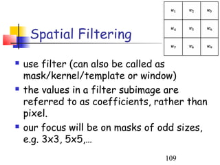 Spatial Filtering
   use filter (can also be called as
    mask/kernel/template or window)
   the values in a filter subimage are
    referred to as coefficients, rather than
    pixel.
   our focus will be on masks of odd sizes,
    e.g. 3x3, 5x5,…
                                  109
 