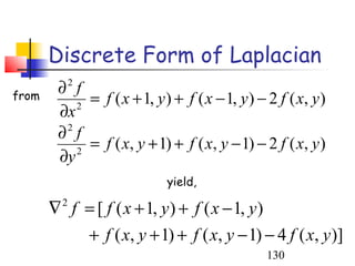 Discrete Form of Laplacian
from
        ∂ f  2
             = f ( x + 1, y ) + f ( x − 1, y ) − 2 f ( x, y )
        ∂x 2

        ∂ f
         2
             = f ( x, y + 1) + f ( x, y − 1) − 2 f ( x, y )
        ∂y 2


                             yield,

       ∇ f = [ f ( x + 1, y ) + f ( x − 1, y )
         2


           + f ( x, y + 1) + f ( x, y − 1) − 4 f ( x, y )]
                                                 130
 