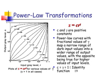 Power-Law Transformations
                                                                           s = crγ
                                                                   c and γ are positive
Output gray level, s




                                                                    constants
                                                                   Power-law curves with
                                                                    fractional values of γ
                                                                    map a narrow range of
                                                                    dark input values into a
                                                                    wider range of output
                                                                    values, with the opposite
                                                                    being true for higher
                                                                    values of input levels.
                                    Input gray level, r
                       Plots of
                                                                
                                  s = crγ for various values of γ   c = γ = 1  Identity
                                    (c = 1 in all cases)            function 19
 
