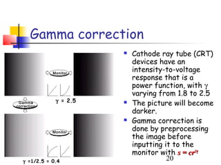 Gamma correction
                            Cathode ray tube (CRT)
                             devices have an
              Monitor
                             intensity-to-voltage
                             response that is a
                             power function, with γ
                             varying from 1.8 to 2.5
               γ = 2.5
 Gamma
correction
                            The picture will become
                             darker.
                            Gamma correction is
              Monitor
                             done by preprocessing
                             the image before
                             inputting it to the
                             monitor with s = cr1/γ
   γ =1/2.5 = 0.4                       20
 
