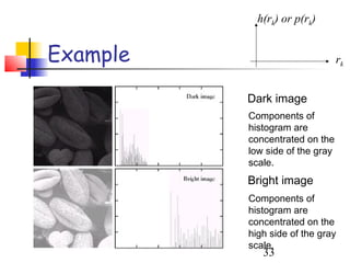 h(rk) or p(rk)


Example                          rk


          Dark image
          Components of
          histogram are
          concentrated on the
          low side of the gray
          scale.
          Bright image
          Components of
          histogram are
          concentrated on the
          high side of the gray
          scale.
             33
 