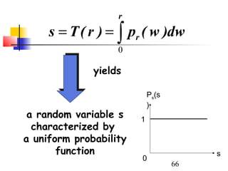 r
     s = T ( r ) = ∫ pr ( w )dw
                   0

              yields

                            Ps(s
                            )
 a random variable s    1
  characterized by
a uniform probability
       function                         s
                        0
                                   66
 