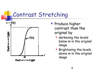 Contrast Stretching
                Produce higher
                 contrast than the
                 original by
                    darkening the levels
                     below m in the original
                     image
                    Brightening the levels
                     above m in the original
                     image


                             8
 