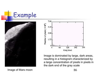 Example




                     Image is dominated by large, dark areas,
                     resulting in a histogram characterized by
                     a large concentration of pixels in pixels in
                     the dark end of the gray scale
Image of Mars moon                             86
 