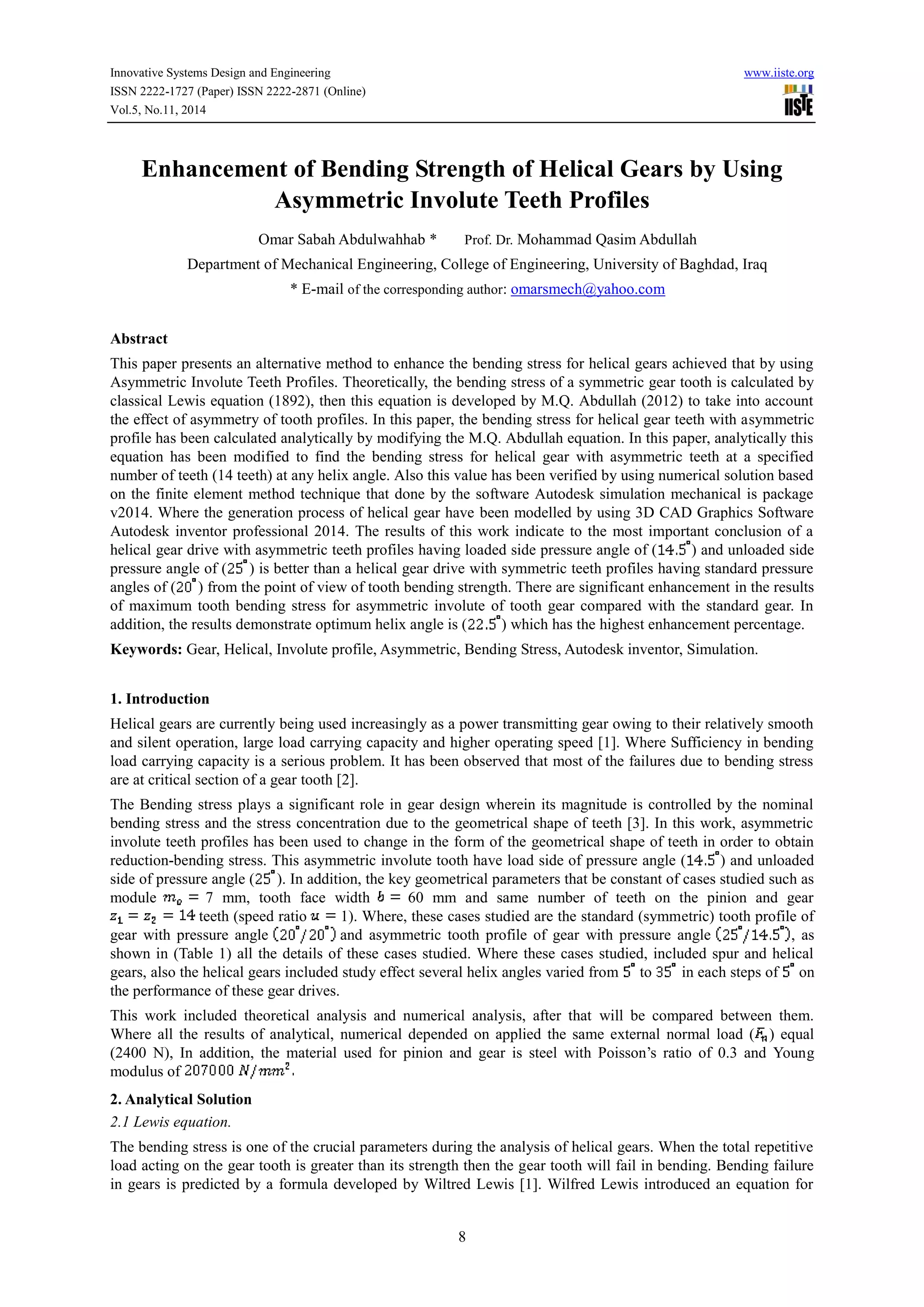 Enhancement of bending strength of helical gears by using asymmetric ...
