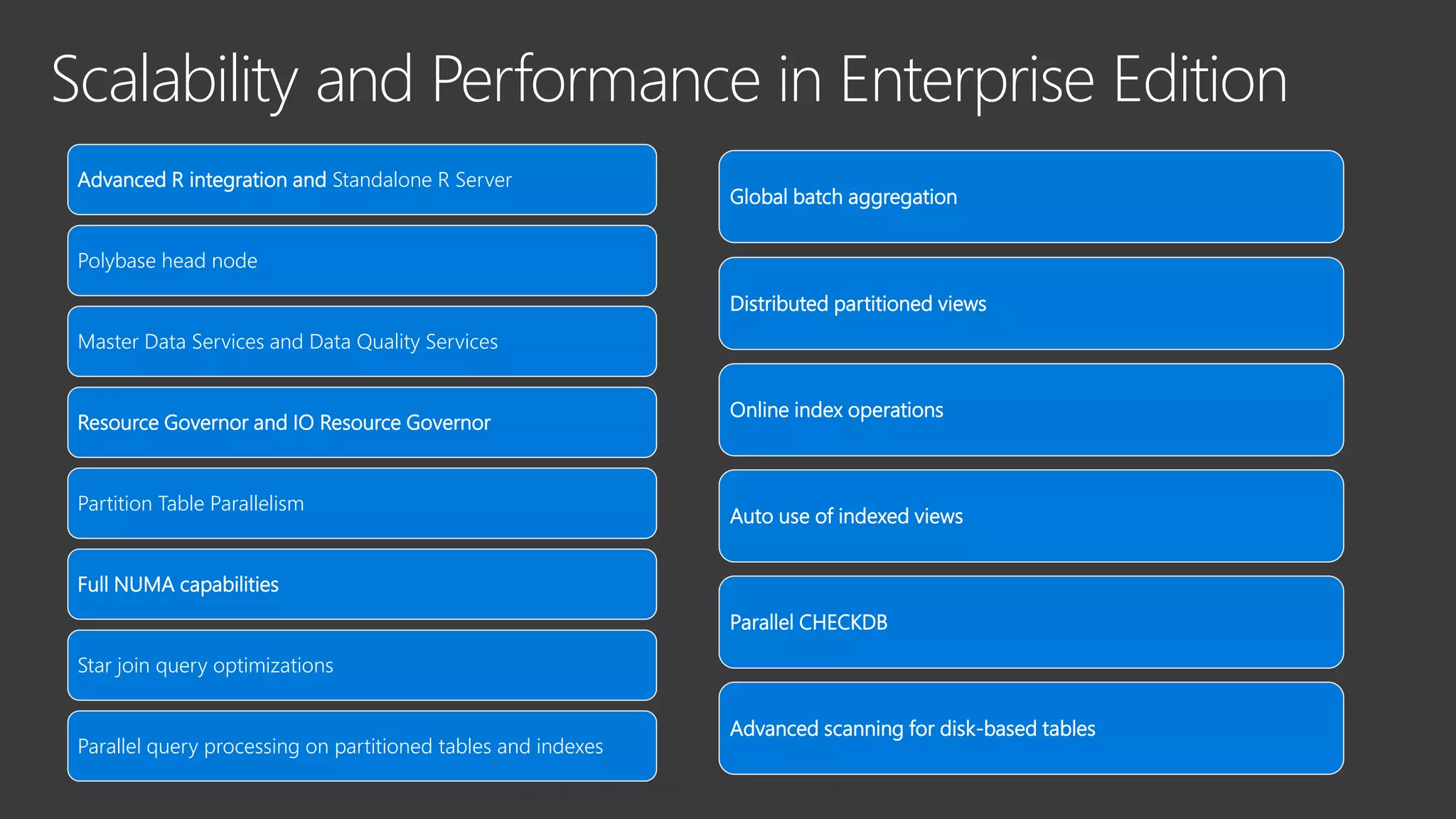Advanced R integration and Standalone R Server
Polybase head node
Master Data Services and Data Quality Services
Resource Governor and IO Resource Governor
Partition Table Parallelism
Full NUMA capabilities
Star join query optimizations
Parallel query processing on partitioned tables and indexes
Scalability and Performance in Enterprise Edition
Global batch aggregation
Distributed partitioned views
Online index operations
Auto use of indexed views
Parallel CHECKDB
Advanced scanning for disk-based tables
 