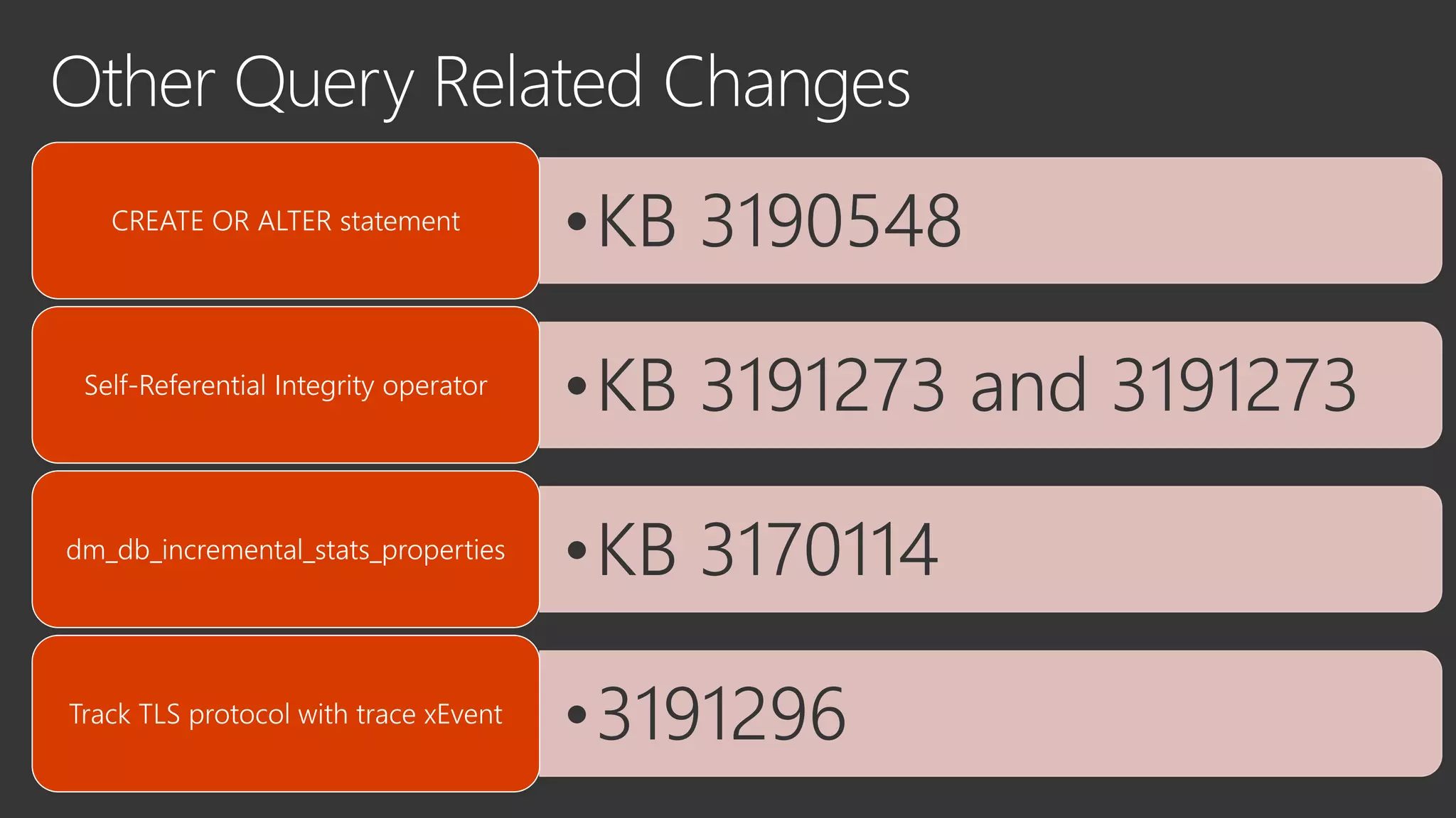 •KB 3190548CREATE OR ALTER statement
•KB 3191273 and 3191273Self-Referential Integrity operator
•KB 3170114dm_db_incremental_stats_properties
•3191296Track TLS protocol with trace xEvent
 
