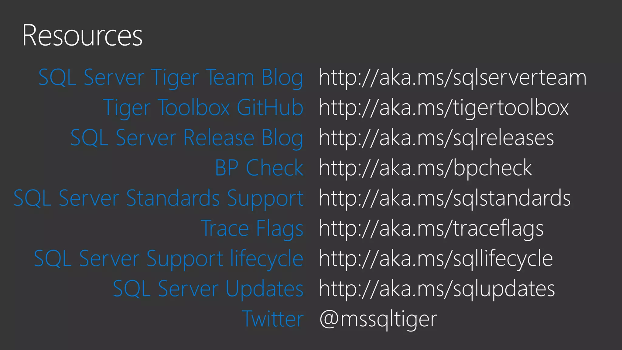 SQL Server Tiger Team Blog
Tiger Toolbox GitHub
SQL Server Release Blog
BP Check
SQL Server Standards Support
Trace Flags
SQL Server Support lifecycle
SQL Server Updates
Twitter
 