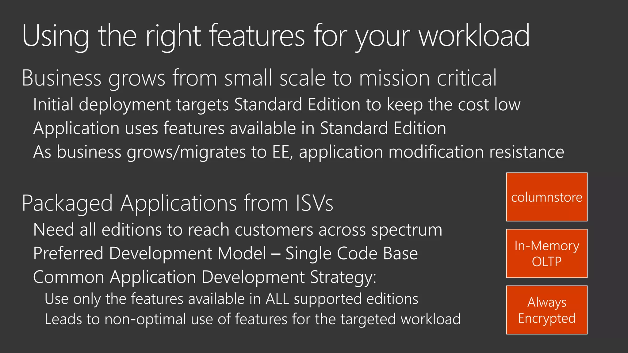 columnstore
In-Memory
OLTP
Always
Encrypted
 