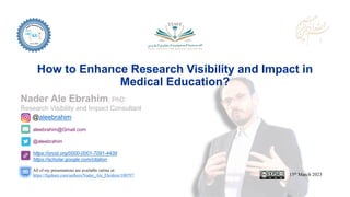 aleebrahim@Gmail.com
@aleebrahim
https://orcid.org/0000-0001-7091-4439
https://scholar.google.com/citation
Nader Ale Ebrahim, PhD
Research Visibility and Impact Consultant
15th March 2023
All of my presentations are available online at:
https://figshare.com/authors/Nader_Ale_Ebrahim/100797
@aleebrahim
How to Enhance Research Visibility and Impact in
Medical Education?
 