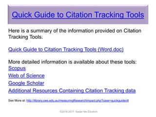 Quick Guide to Citation Tracking Tools
Here is a summary of the information provided on Citation
Tracking Tools.
Quick Guide to Citation Tracking Tools (Word.doc)
More detailed information is available about these tools:
Scopus
Web of Science
Google Scholar
Additional Resources Containing Citation Tracking data
See More at: http://library.uws.edu.au/measuringResearchImpact.php?case=quickguidectt
©2016-2017 Nader Ale Ebrahim
 