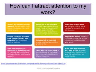 How can I attract attention to my
work?
©2016-2017 Nader Ale Ebrahim
Source ttps://staticaltmetric.s3.amazonaws.com/uploads/2016/01/Promoting-your-research-tips-and-tricks.pdf
 