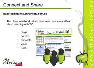 Connect and Share
http://community.enhancetv.com.au

  The place to network, share resources, educate and learn
  about teaching with TV.


            Blogs
            Forums
            Podcasts
            Video
            Polls
 