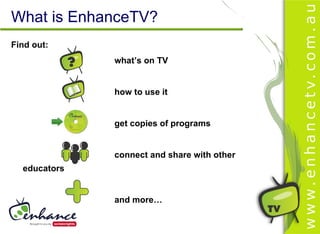 What is EnhanceTV?
Find out:
              what’s on TV


              how to use it


              get copies of programs


              connect and share with other
  educators


              and more…
 