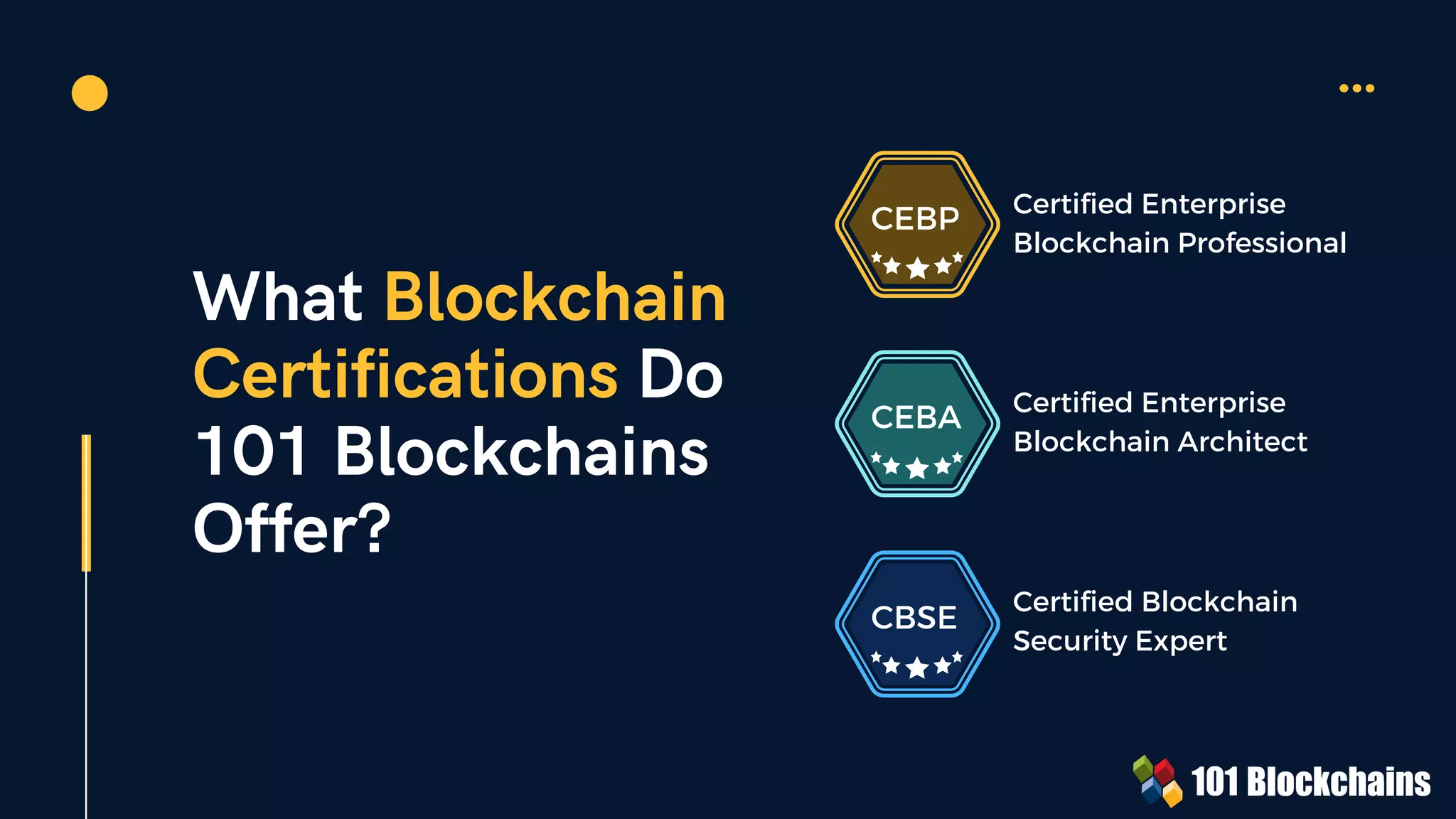 What Blockchain
Certifications Do
101 Blockchains
Offer?
CEBP
CEBA
CBSE
Certified Enterprise
Blockchain Professional
Certified Enterprise
Blockchain Architect
Certified Blockchain
Security Expert
 