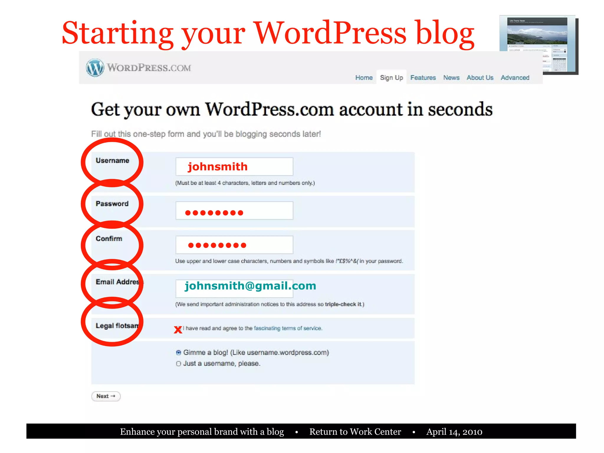 Starting your WordPress blog •••••••• X johnsmith •••••••• [email_address] 