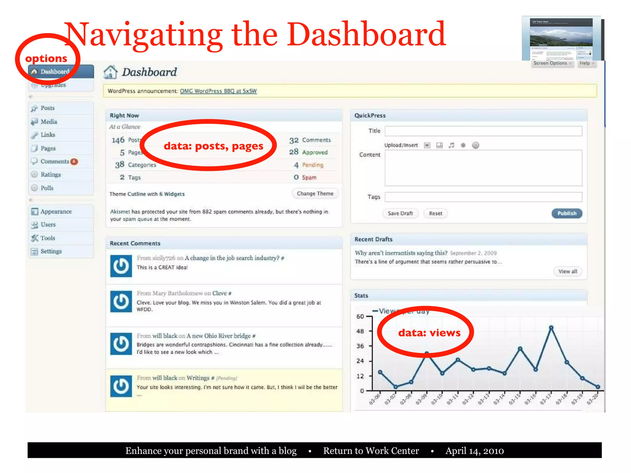 Navigating the Dashboard data: posts, pages data: views options 