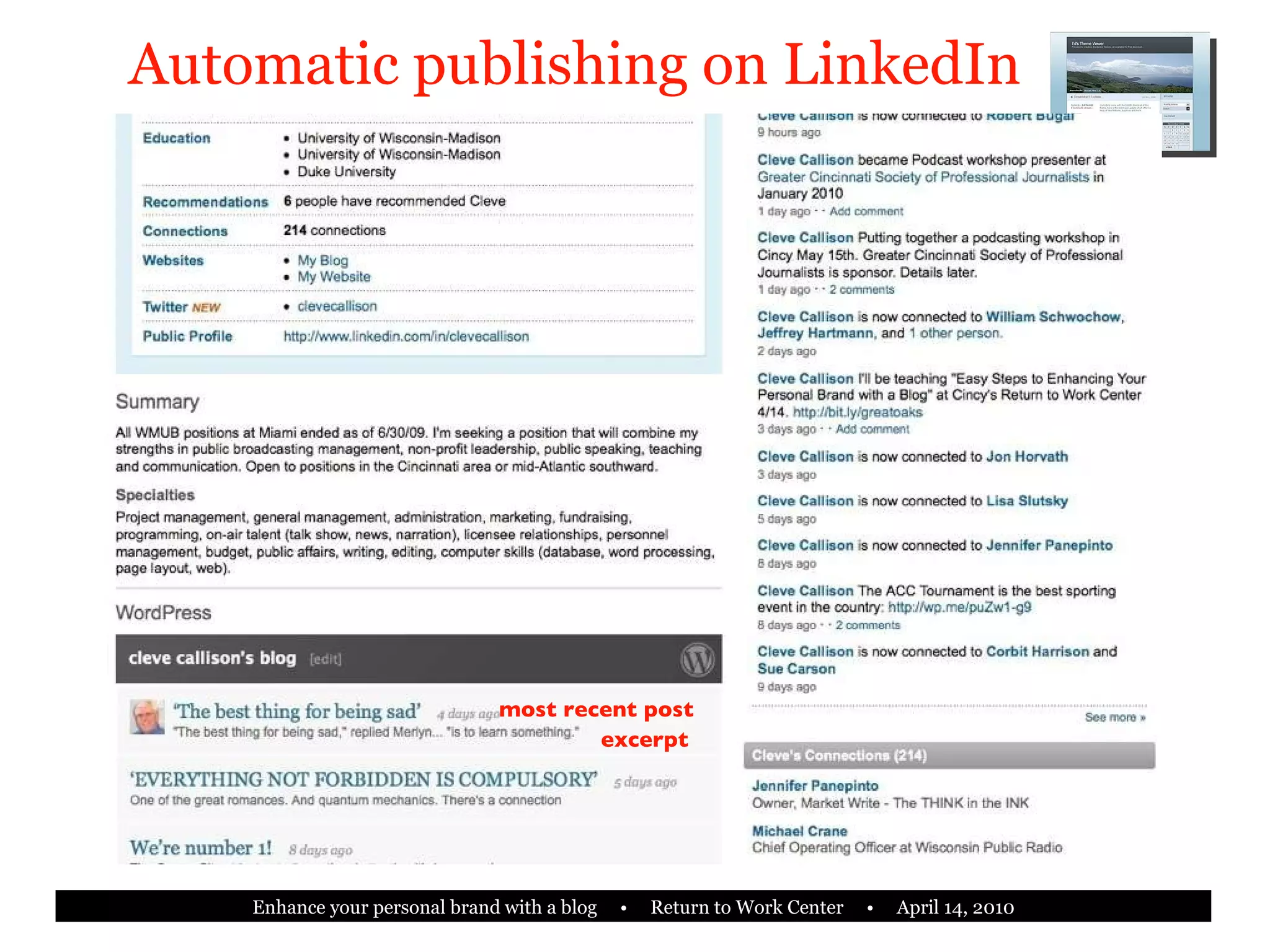 Automatic publishing on LinkedIn excerpt most recent post 