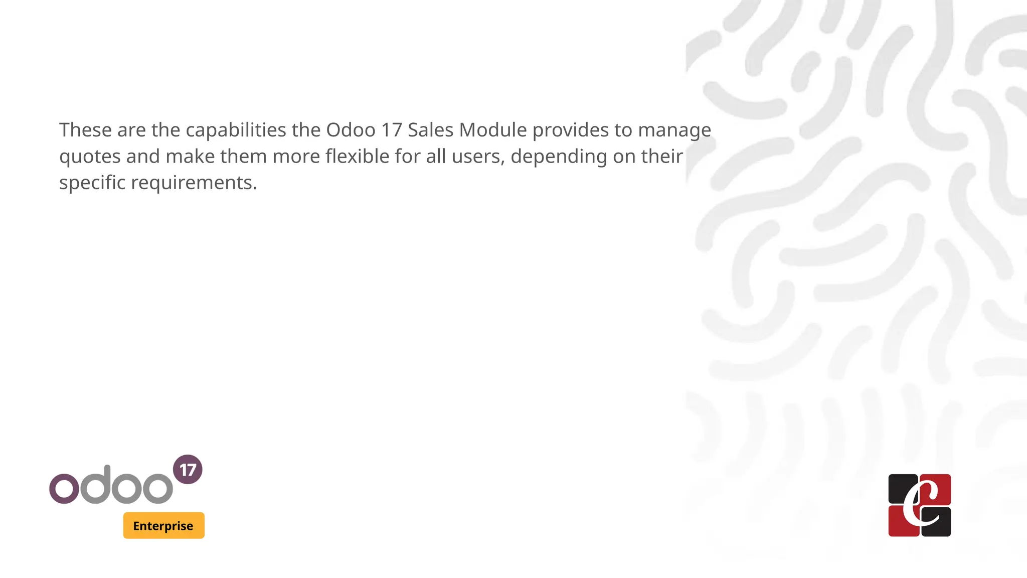 Enterprise
These are the capabilities the Odoo 17 Sales Module provides to manage
quotes and make them more flexible for all users, depending on their
specific requirements.
 