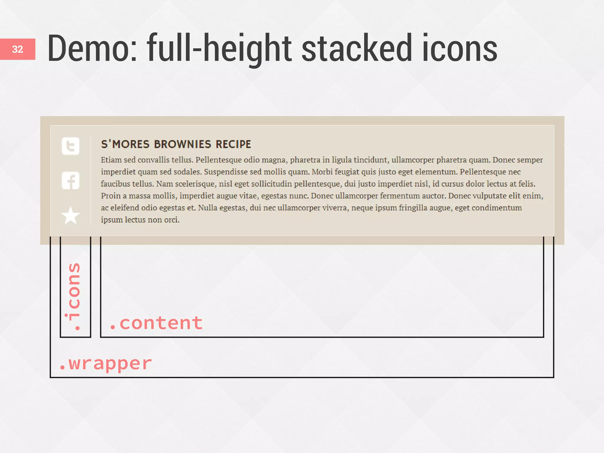 Demo: full-height stacked icons
.wrapper
.icons
.content
32
 