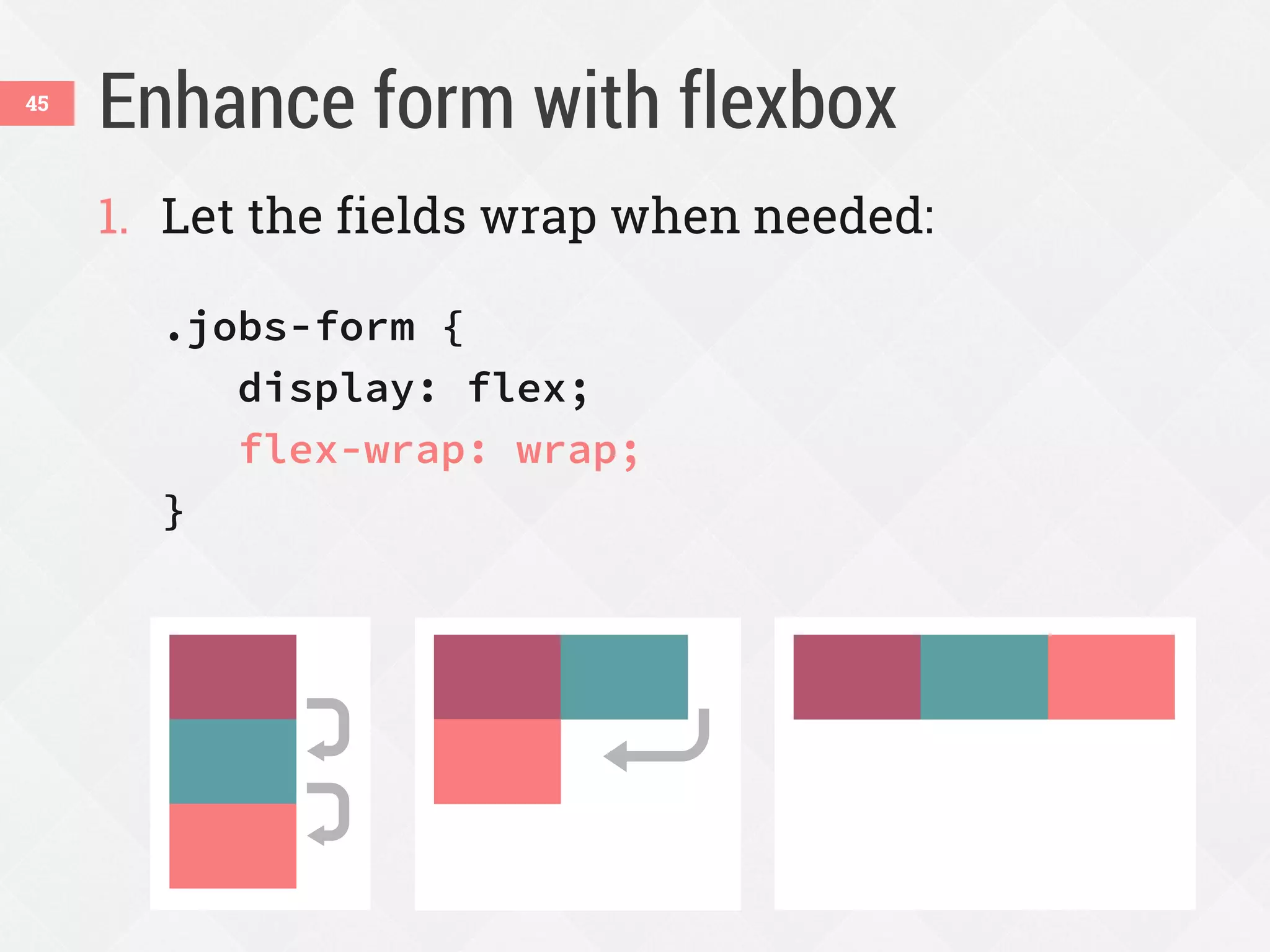 Enhance form with flexbox45
1. Let the fields wrap when needed:
.jobs-form {
display: flex;
flex-wrap: wrap;
}
 