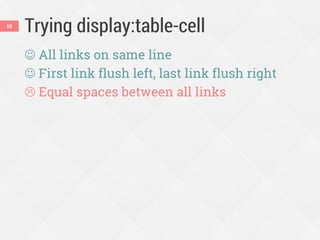 Trying display:table-cell
 All links on same line
 First link flush left, last link flush right
 Equal spaces between all links
19
 