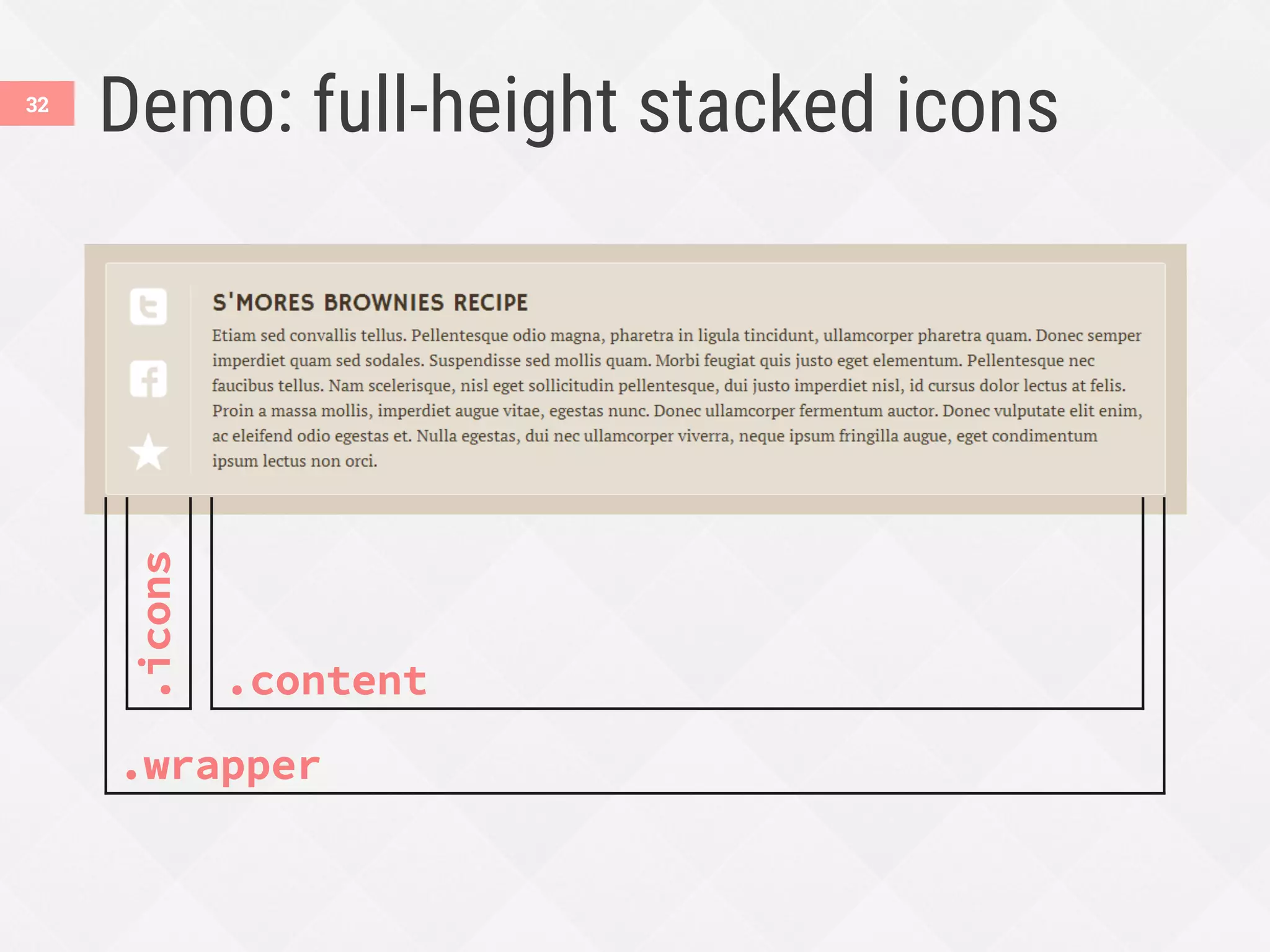 Demo: full-height stacked icons
.wrapper
.icons
.content
32
 
