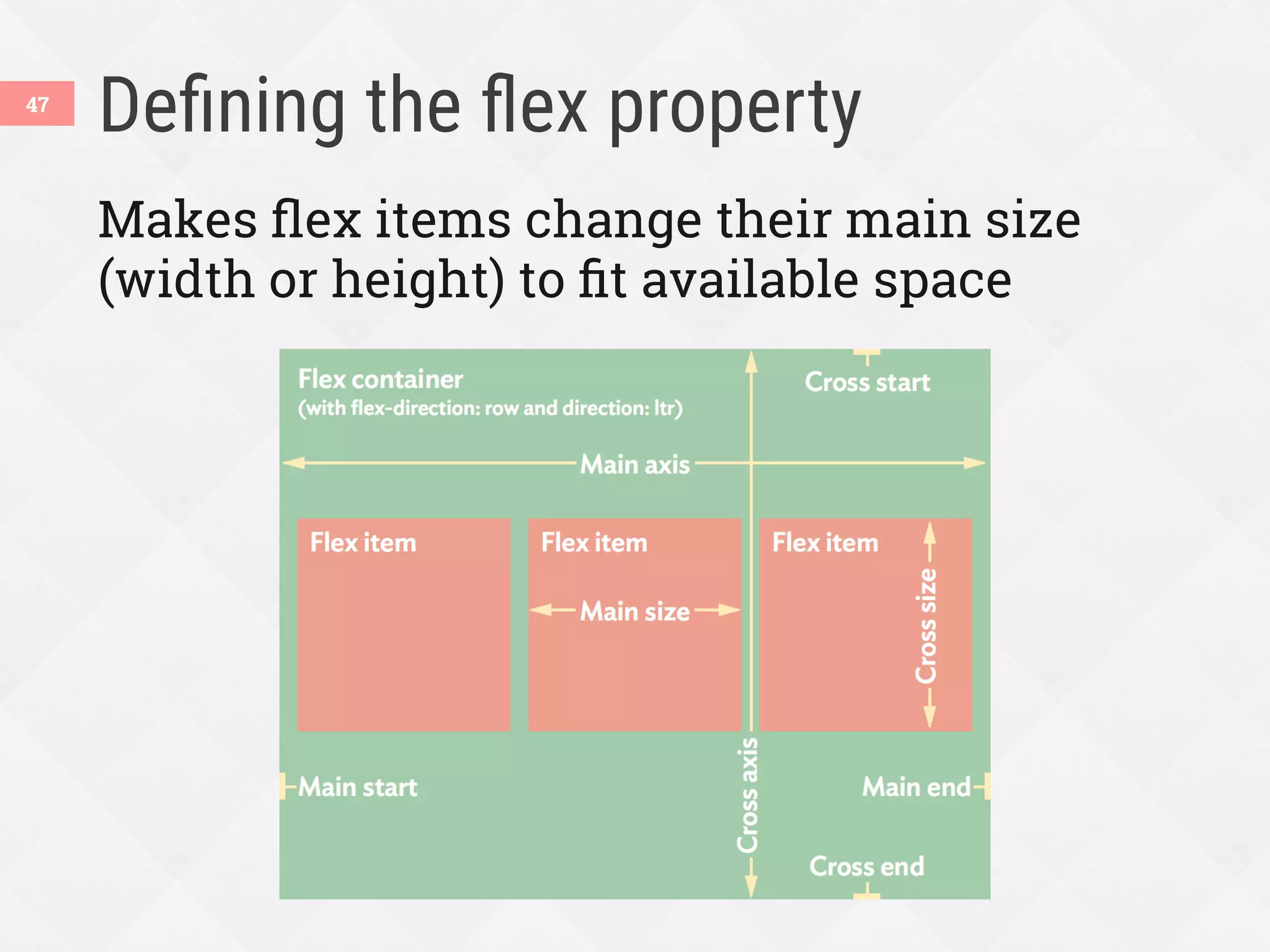 Deﬁning the ﬂex property
Makes ﬂex items change their main size
(width or height) to ﬁt available space
47
 
