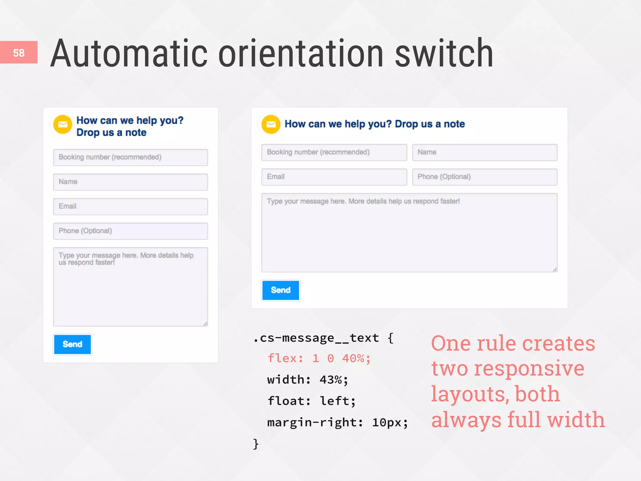 Automatic orientation switch
.cs-message__text {
flex: 1 0 40%;
width: 43%;
float: left;
margin-right: 10px;
}
One rule creates
two responsive
layouts, both
always full width
58
 